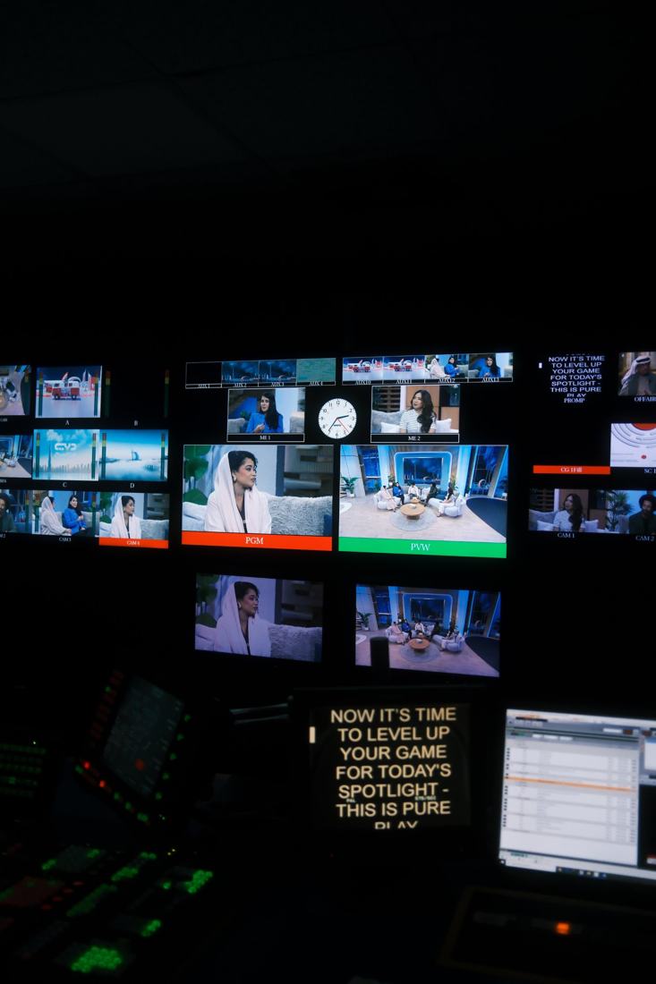 The studio gallery mid broadcast, with Dua on the programme monitor